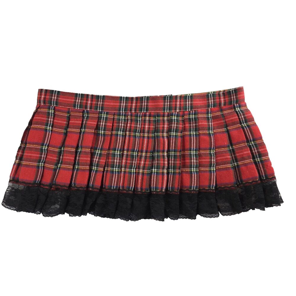 Pleated Lace Trim Micro Mini Skirt Wrap Plaid Americana Academia Schoolgirl OS